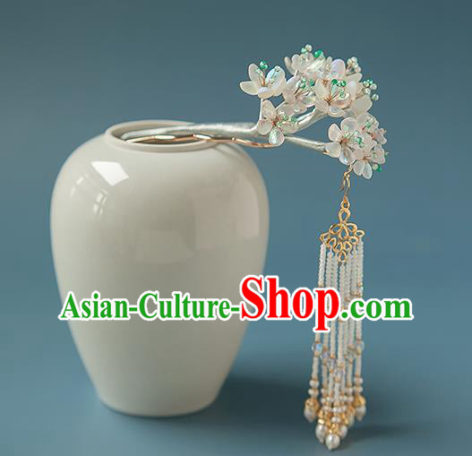 Chinese Handmade Pearls Tassel Hair Stick Traditional Ming Dynasty Hanfu Pear Blossom Hairpin