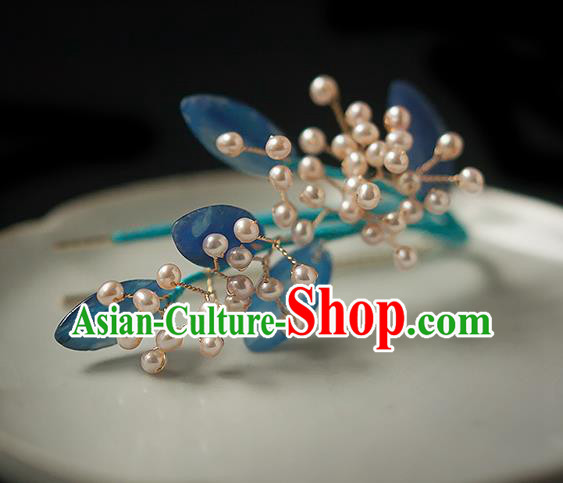 Chinese Handmade Blue Leaf Hair Stick Traditional Ming Dynasty Princess Pearls Hairpin
