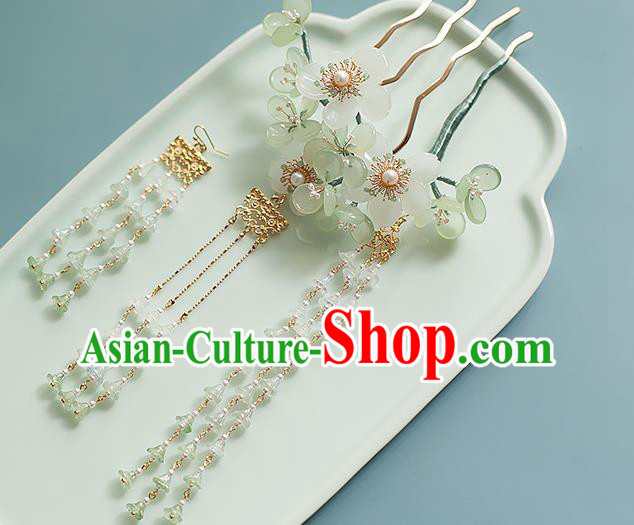 Chinese Handmade Green Flowers Hair Stick Traditional Tang Dynasty Princess Tassel Hairpin