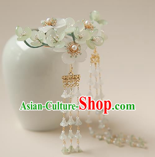 Chinese Handmade Green Flowers Hair Stick Traditional Tang Dynasty Princess Tassel Hairpin