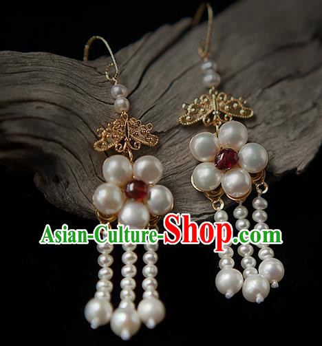 China Traditional Hanfu Pearls Earrings Ancient Ming Dynasty Princess Ruby Ear Jewelry