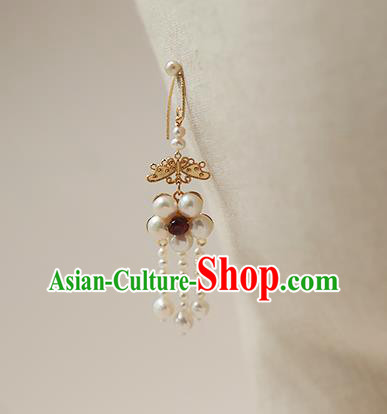 China Traditional Hanfu Pearls Earrings Ancient Ming Dynasty Princess Ruby Ear Jewelry