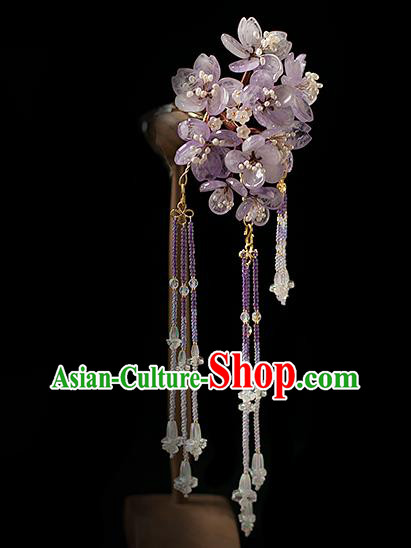 Chinese Handmade Purple Sakura Hair Stick Traditional Tang Dynasty Princess Amethyst Beads Tassel Hairpin