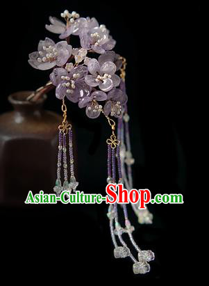Chinese Handmade Purple Sakura Hair Stick Traditional Tang Dynasty Princess Amethyst Beads Tassel Hairpin