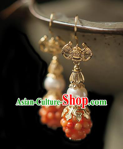 China Traditional Hanfu Golden Bat Earrings Ancient Ming Dynasty Princess Orange Beads Gourd Ear Jewelry