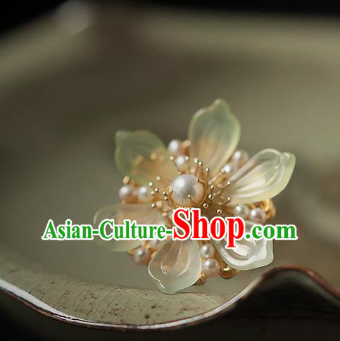 Chinese Handmade Pearls Hair Stick Traditional Ming Dynasty Princess Jade Epiphyllum Hairpin