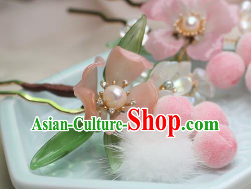 Chinese Handmade Peach Flower Hairpin Traditional Ancient Princess Pearls Hair Stick