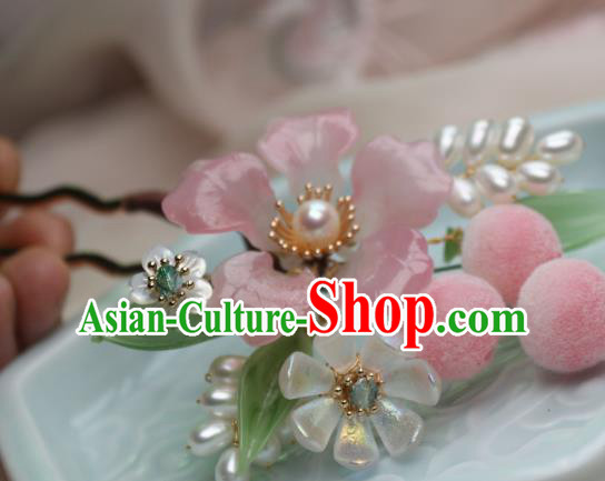 Chinese Handmade Peach Flower Hairpin Traditional Ancient Princess Pearls Hair Stick