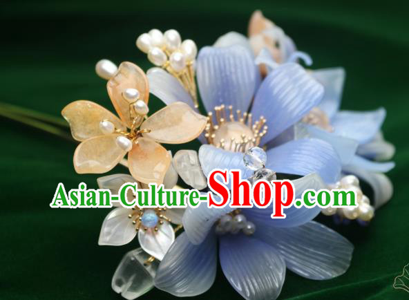 Chinese Handmade Shell Pearls Hairpin Traditional Ancient Princess Blue Lily Flowers Hair Stick