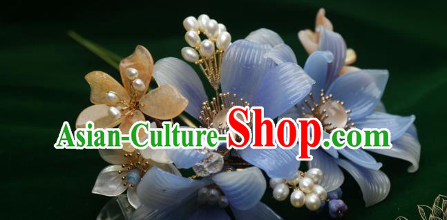 Chinese Handmade Shell Pearls Hairpin Traditional Ancient Princess Blue Lily Flowers Hair Stick