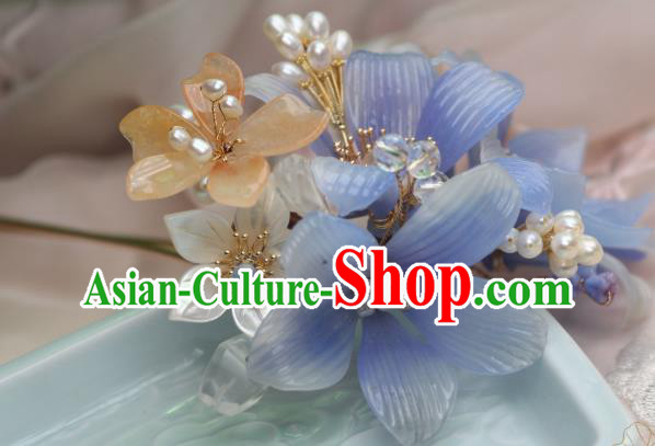 Chinese Handmade Shell Pearls Hairpin Traditional Ancient Princess Blue Lily Flowers Hair Stick