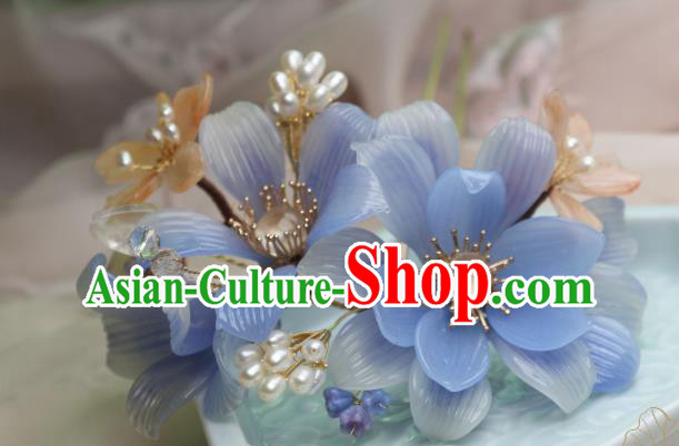 Chinese Handmade Shell Pearls Hairpin Traditional Ancient Princess Blue Lily Flowers Hair Stick