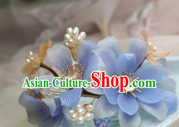 Chinese Handmade Shell Pearls Hairpin Traditional Ancient Princess Blue Lily Flowers Hair Stick