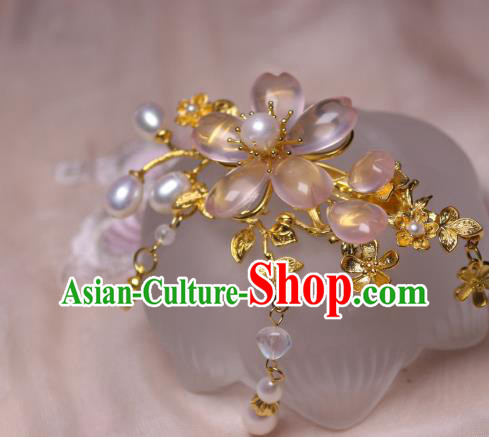 Chinese Traditional Ancient Princess Sakura Hairpin Handmade Tang Dynasty Rose Quartz Hair Stick