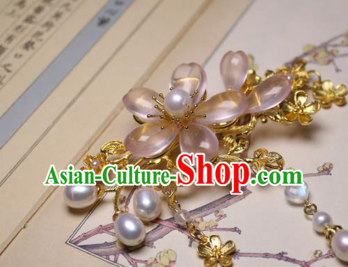 Chinese Traditional Ancient Princess Sakura Hairpin Handmade Tang Dynasty Rose Quartz Hair Stick
