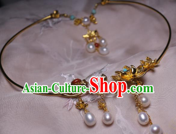 China Traditional Tang Dynasty Golden Lotus Necklet Accessories Handmade Hanfu Pearls Tassel Necklace