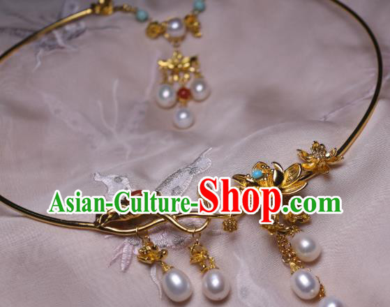 China Traditional Tang Dynasty Golden Lotus Necklet Accessories Handmade Hanfu Pearls Tassel Necklace