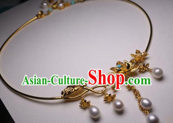 China Traditional Tang Dynasty Golden Lotus Necklet Accessories Handmade Hanfu Pearls Tassel Necklace