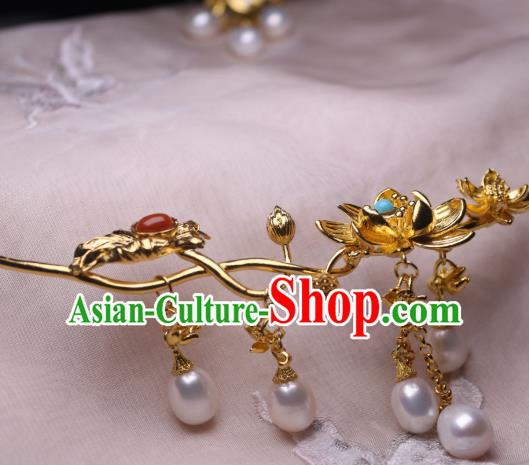 China Traditional Tang Dynasty Golden Lotus Necklet Accessories Handmade Hanfu Pearls Tassel Necklace