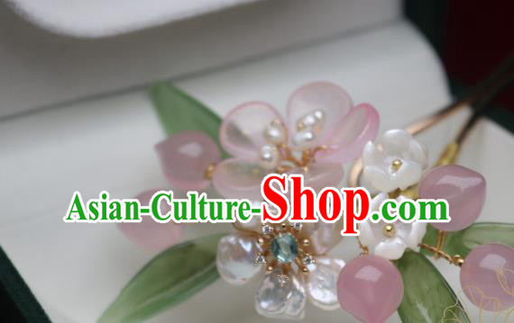 Chinese Handmade Shell Flowers Hair Stick Traditional Ancient Princess Pink Peach Blossom Hairpin