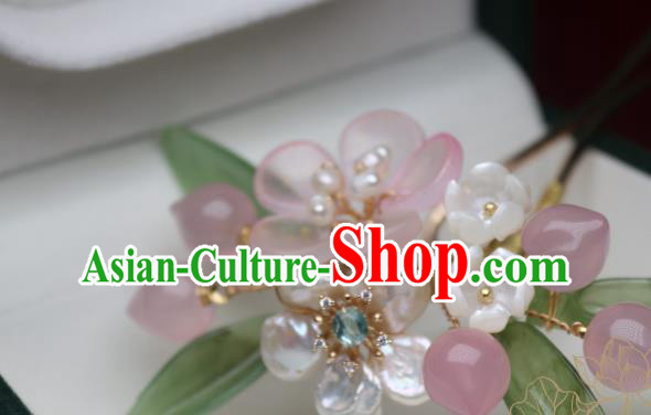 Chinese Handmade Shell Flowers Hair Stick Traditional Ancient Princess Pink Peach Blossom Hairpin