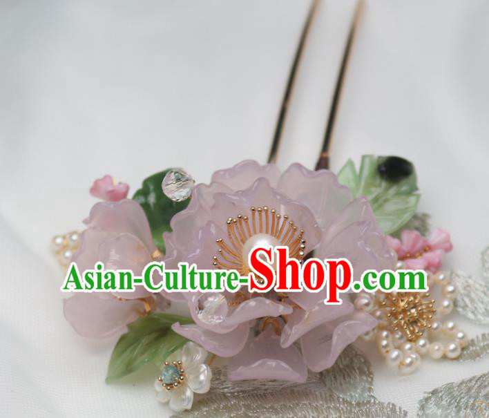 Chinese Handmade Pink Peony Hair Stick Traditional Ancient Princess Shell Pearls Hairpin