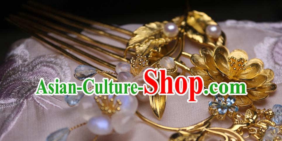 Chinese Handmade Tassel Hair Comb Traditional Ancient Princess Golden Lotus Hairpin