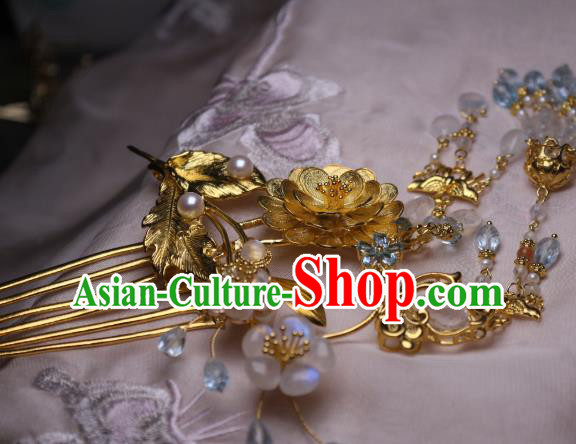 Chinese Handmade Tassel Hair Comb Traditional Ancient Princess Golden Lotus Hairpin