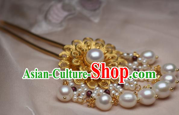 Chinese Handmade Tang Dynasty Court Hair Stick Traditional Ancient Princess Golden Peony Tassel Hairpin