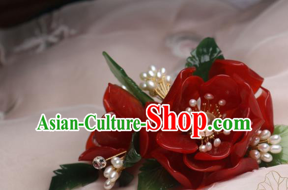 Chinese Handmade Red Camellia Hair Stick Traditional Ancient Princess Pearls Hairpin Hair Accessories