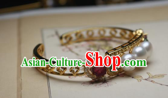 China Traditional Qing Dynasty Tourmaline Pearls Bracelet Accessories Handmade Golden Bangle Jewelry