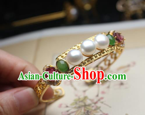 China Traditional Qing Dynasty Tourmaline Pearls Bracelet Accessories Handmade Golden Bangle Jewelry