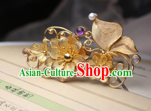 Chinese Handmade Golden Lotus Hair Stick Traditional Ancient Princess Amethyst Hairpin