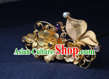 Chinese Handmade Golden Lotus Hair Stick Traditional Ancient Princess Amethyst Hairpin