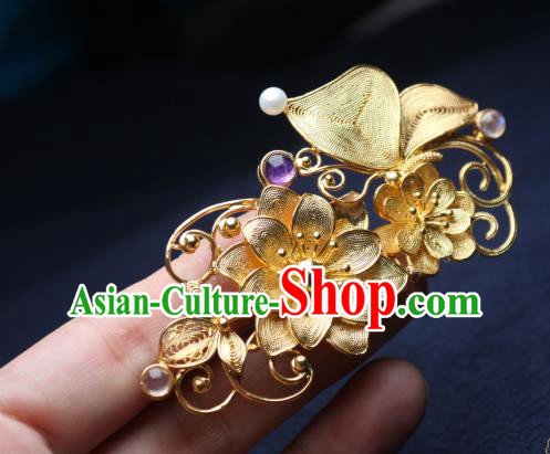 Chinese Handmade Golden Lotus Hair Stick Traditional Ancient Princess Amethyst Hairpin