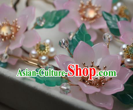 Chinese Handmade Pink Epiphyllum Hair Stick Traditional Ancient Princess White Chalcedony Hairpin