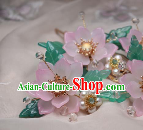 Chinese Handmade Pink Epiphyllum Hair Stick Traditional Ancient Princess White Chalcedony Hairpin