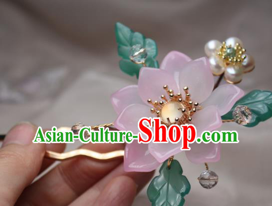 Chinese Handmade Pink Epiphyllum Hair Stick Traditional Ancient Princess White Chalcedony Hairpin