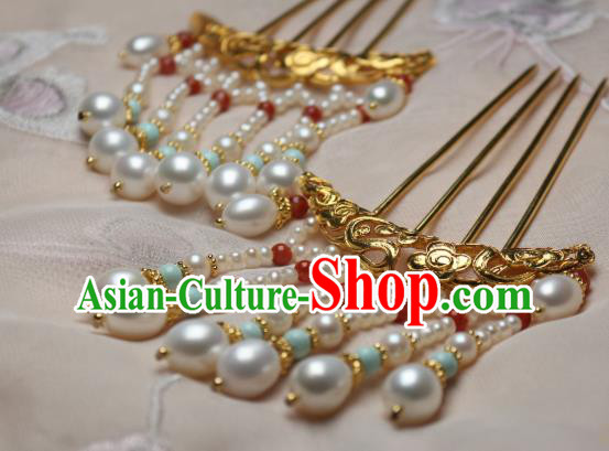 Chinese Handmade Ming Dynasty Golden Cloud Hair Stick Traditional Ancient Princess Pearls Tassel Hairpin