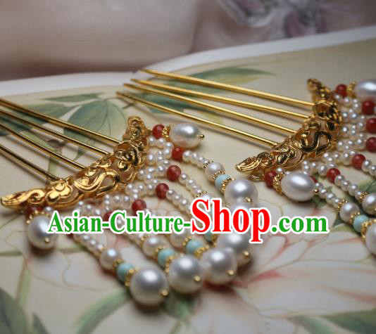 Chinese Handmade Ming Dynasty Golden Cloud Hair Stick Traditional Ancient Princess Pearls Tassel Hairpin