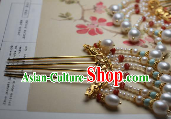 Chinese Handmade Ming Dynasty Golden Cloud Hair Stick Traditional Ancient Princess Pearls Tassel Hairpin