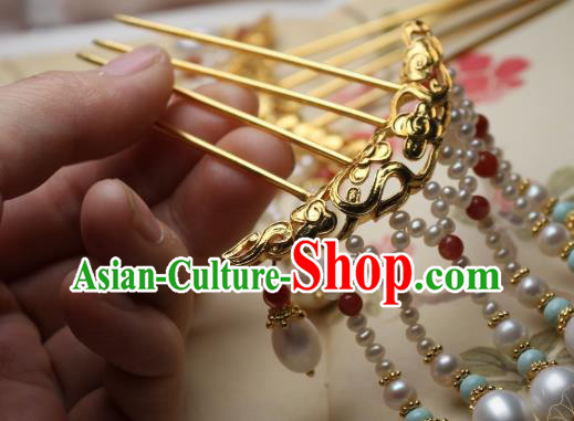 Chinese Handmade Ming Dynasty Golden Cloud Hair Stick Traditional Ancient Princess Pearls Tassel Hairpin