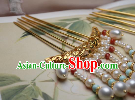 Chinese Handmade Ming Dynasty Golden Cloud Hair Stick Traditional Ancient Princess Pearls Tassel Hairpin