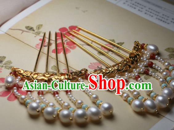 Chinese Handmade Ming Dynasty Golden Cloud Hair Stick Traditional Ancient Princess Pearls Tassel Hairpin