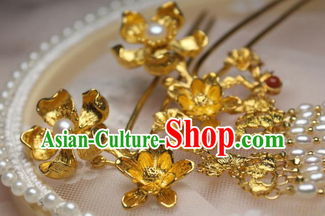 Chinese Handmade Tang Dynasty Pearls Tassel Hair Stick Traditional Ancient Princess Golden Lotus Hairpin
