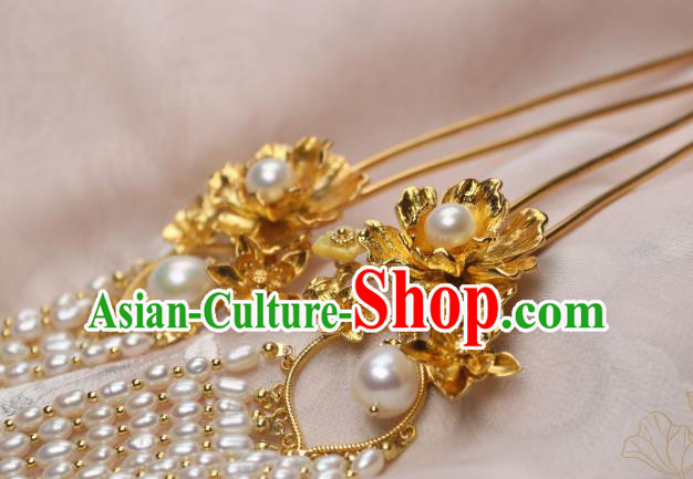 Chinese Traditional Ancient Princess Golden Peony Hairpin Handmade Tang Dynasty Pearls Tassel Hair Stick