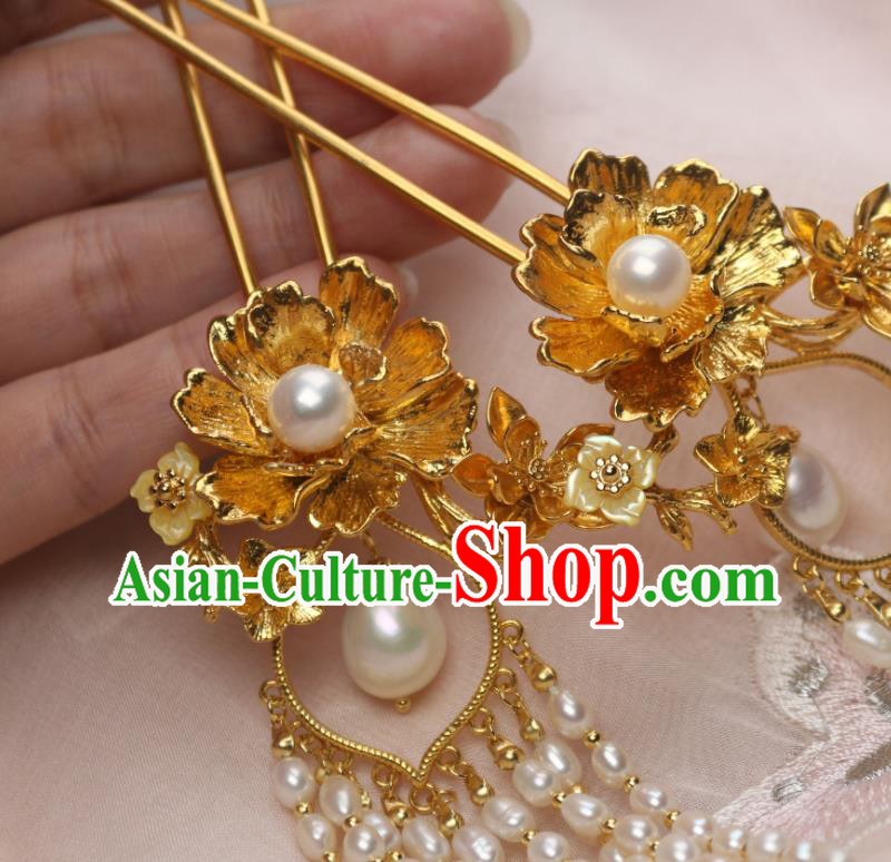 Chinese Traditional Ancient Princess Golden Peony Hairpin Handmade Tang Dynasty Pearls Tassel Hair Stick