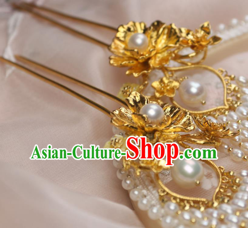 Chinese Traditional Ancient Princess Golden Peony Hairpin Handmade Tang Dynasty Pearls Tassel Hair Stick