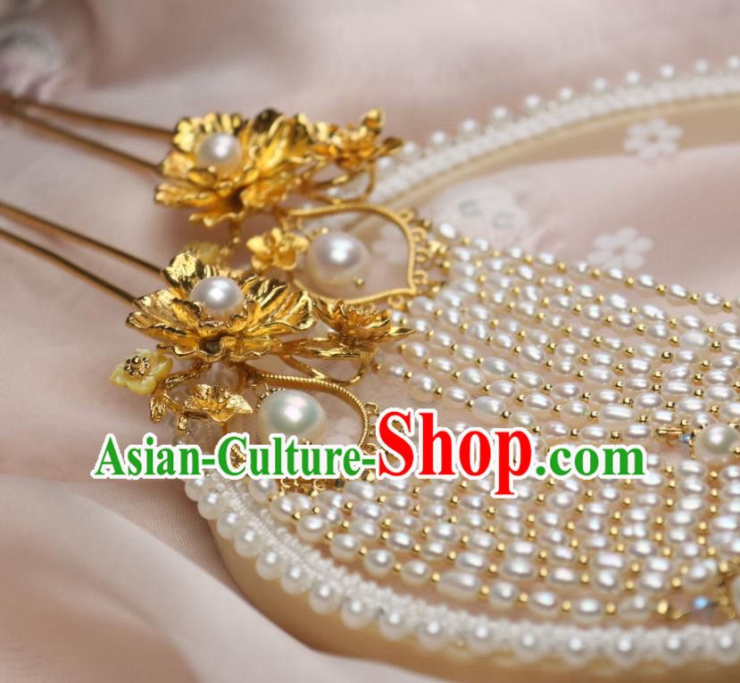 Chinese Traditional Ancient Princess Golden Peony Hairpin Handmade Tang Dynasty Pearls Tassel Hair Stick