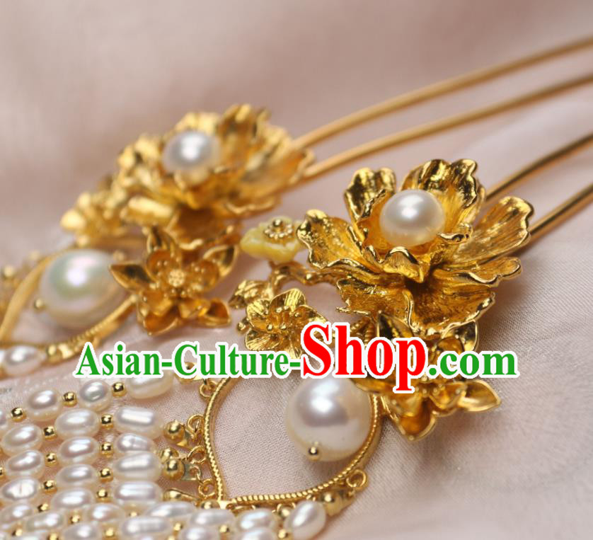 Chinese Traditional Ancient Princess Golden Peony Hairpin Handmade Tang Dynasty Pearls Tassel Hair Stick